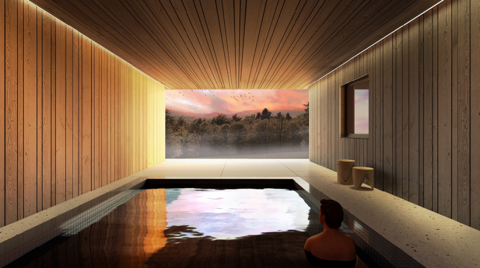 Zielone atrium jest całkowicie otwarte od strony polany na niższym poziomie