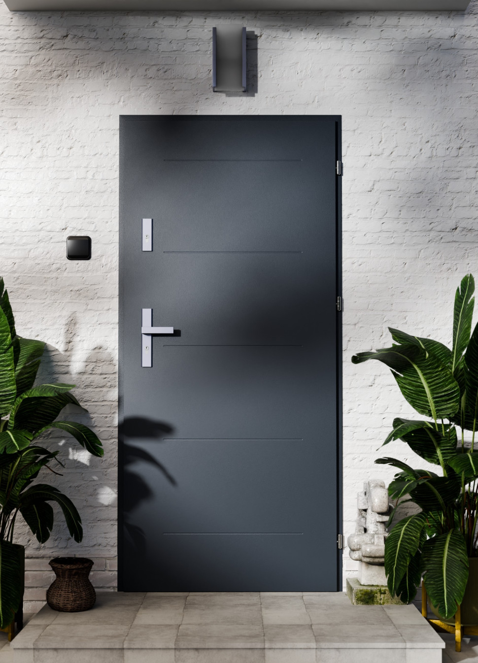 T63 - nowoczesne drzwi zewnętrzne antywłamaniowe z tłoczeniami w kolorze ciemnego antracytu