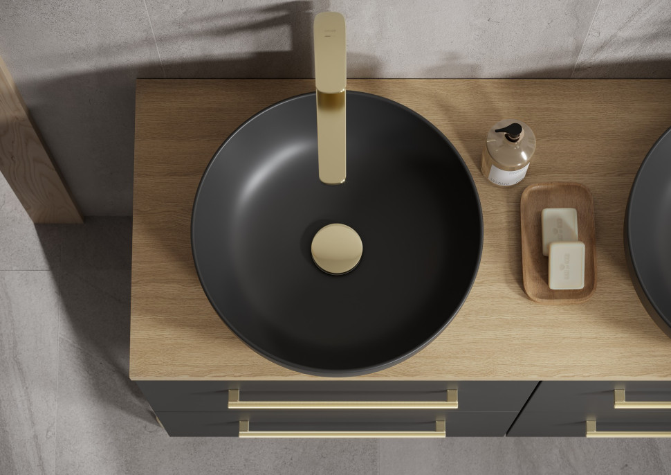 Złota matowa armatura, korek i uchwyty, kolekcja LARGA by Cersanit