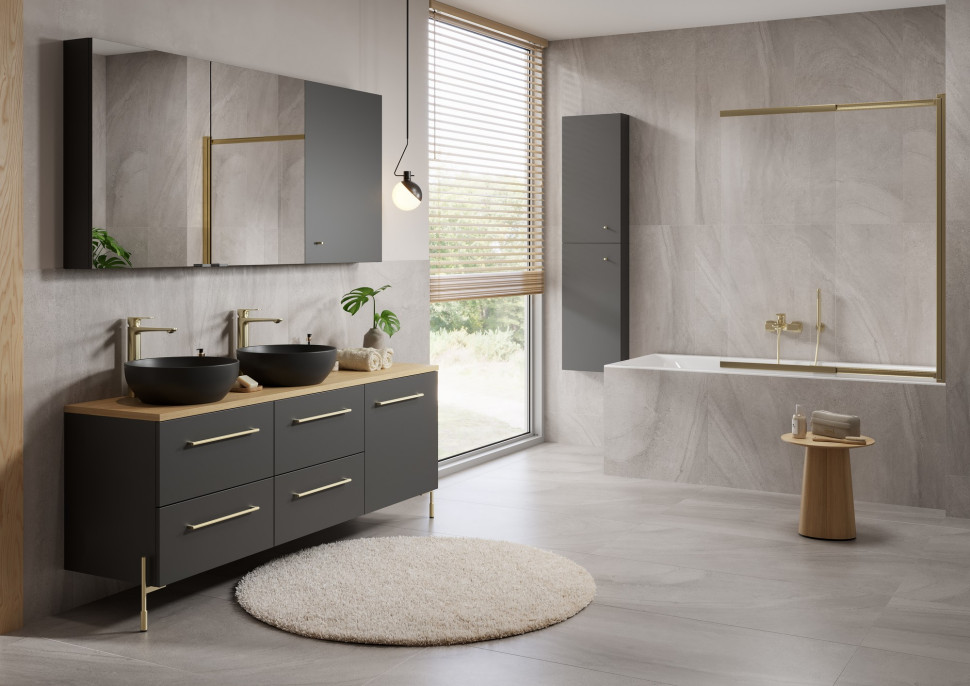 Złota matowa armatura, uchwyty i nóżki meblowe, parawan nawannowy -  kolekcja LARGA by Cersanit