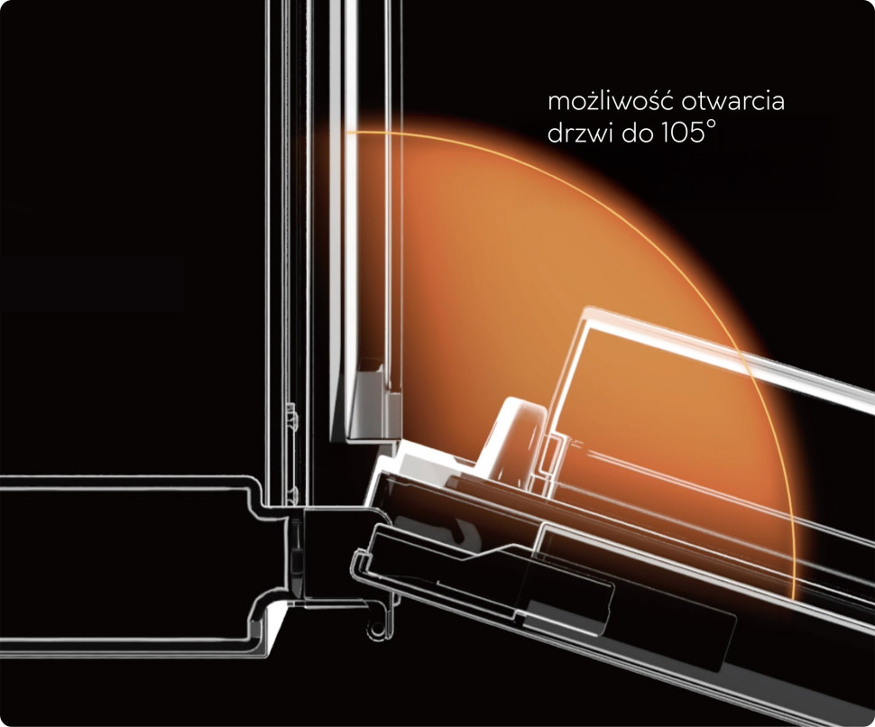 Drzwi lodówki otwierają się pod kątem 105°