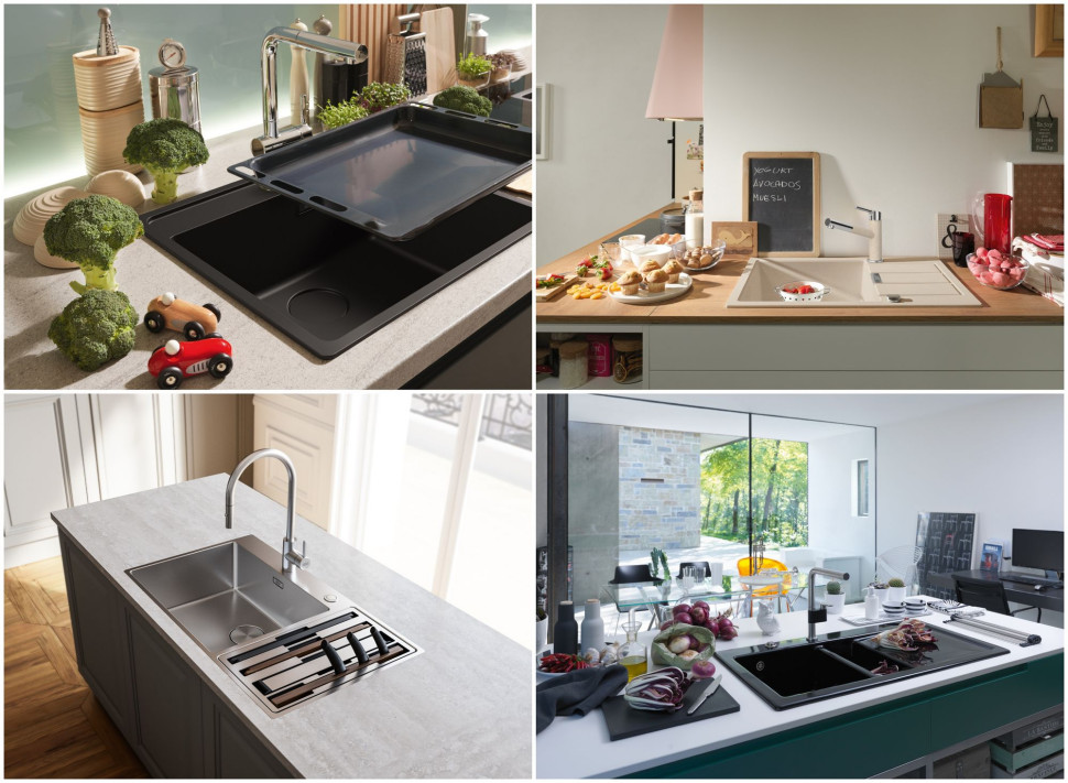 Na zdjęciu od lewej: Franke zlewozmywak granitowy Maris MRG, Franke zlewozmywak Sirus z kompozytu Tectonite, Franke zlewozmywak stalowy BoX Center i Franke zlewozmywak ceramiczny Mythos