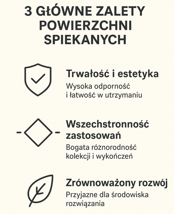 Infografika: 3 główne zalety powierzchni spiekanych (rys. wygenerowany przez AI)