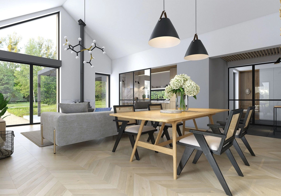 Brak stropu nad salonem i jadalnią - projekt domu Ekonomiczny 5G WAW1153