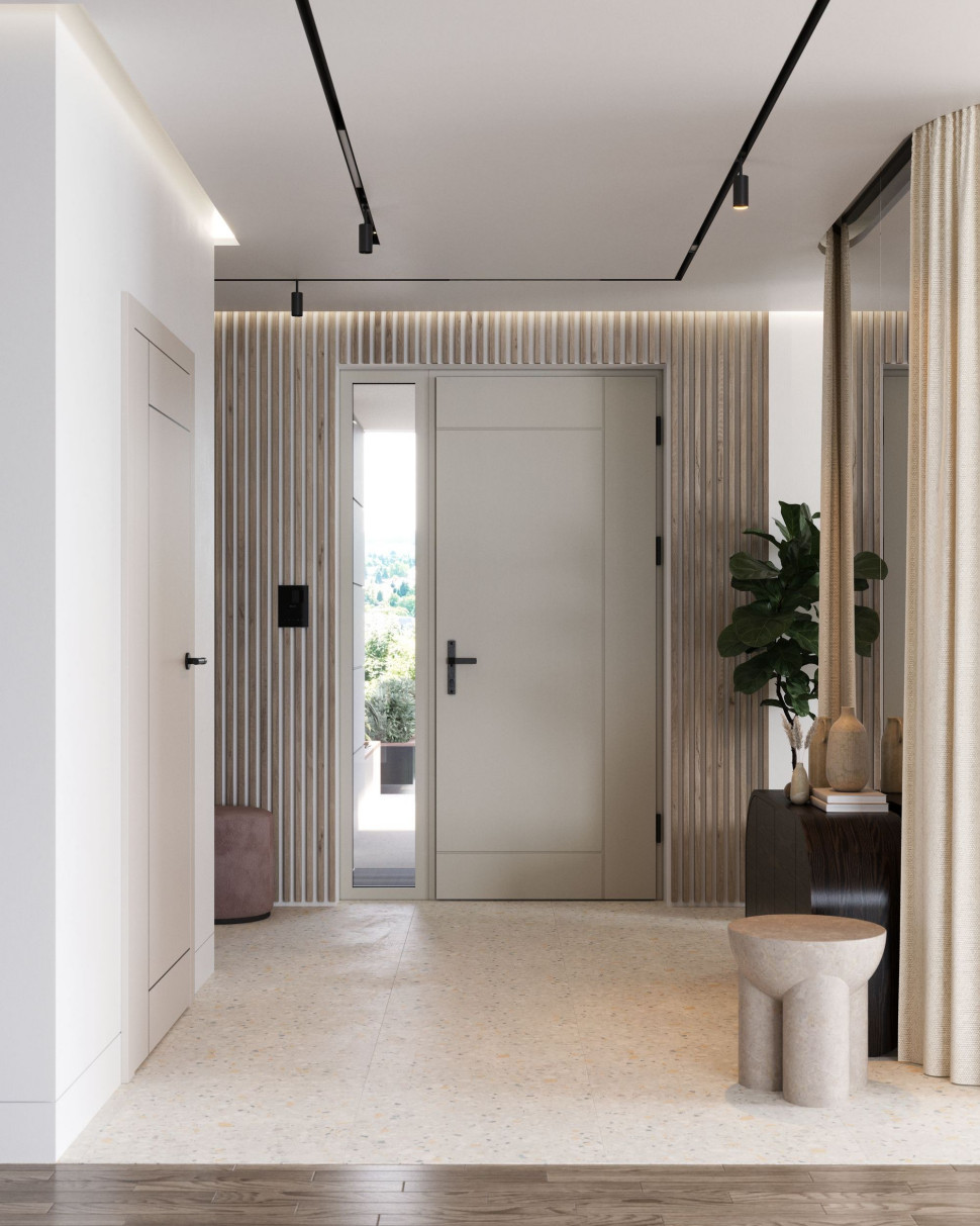 Drzwi PORTA THERMO model L.6 Beżowo Szary (RAL 7044), Klamka Slim Solid Czarny, czytnik linii papilarnych eKey dLine, drzwi wewnętrzne PORTA UNI KOLOR MODERN model I.1 w kolorze Kaszmir Matt