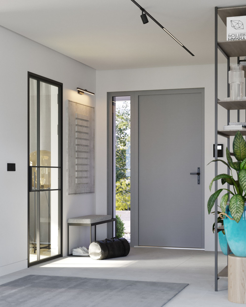 Drzwi PORTA THERMO model M.2 220 (RAL 7042), Klamka Solid Solo Czarny, drzwi wewnętrzne PORTA LOFT STALOWE model 4, wys. 220 cm, w kolorze Czarny Struktura