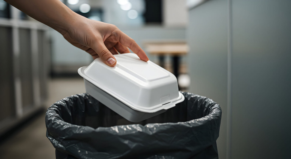  styropianowy pojemnik po jedzeniu wrzucany do kosza na odpady zmieszane 