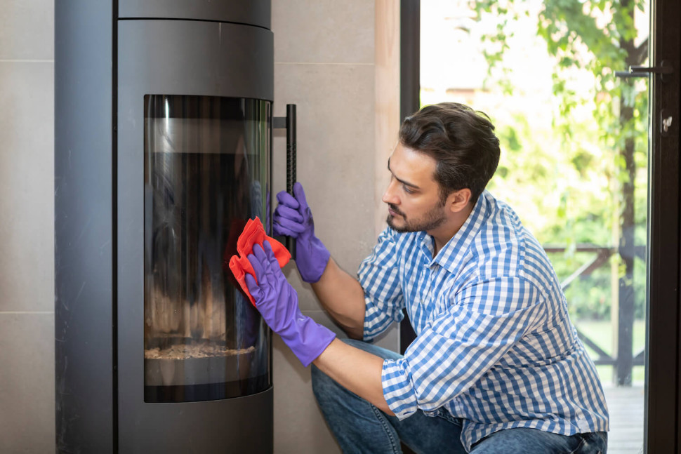 Mężczyzna czyści szybę kominka ściereczką w rękawiczkach ochronnych