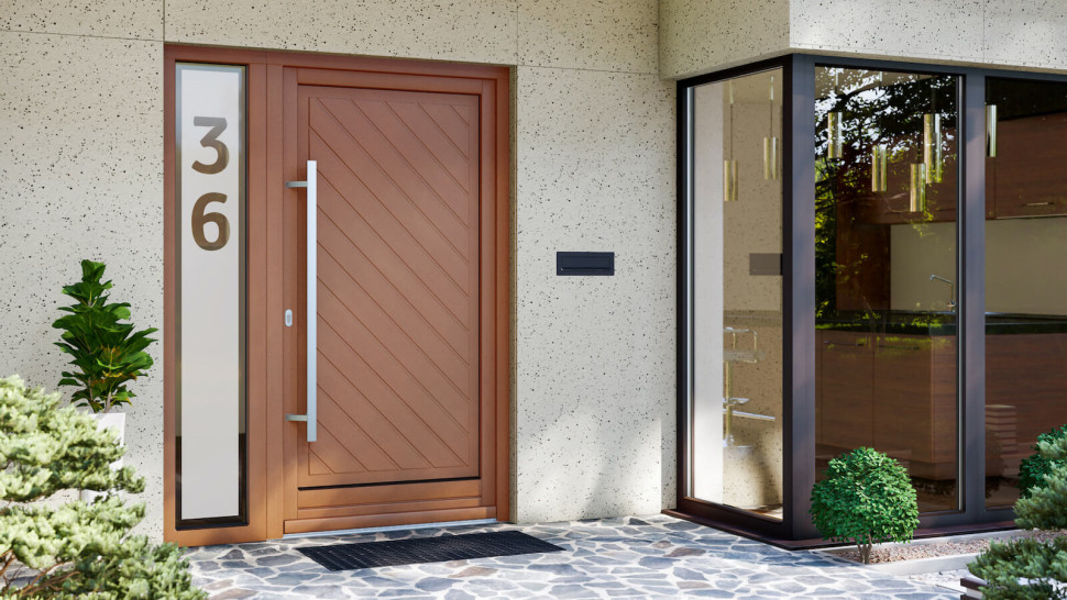 drzwi zewnętrzne brązowe (dąb) z przeszkleniem