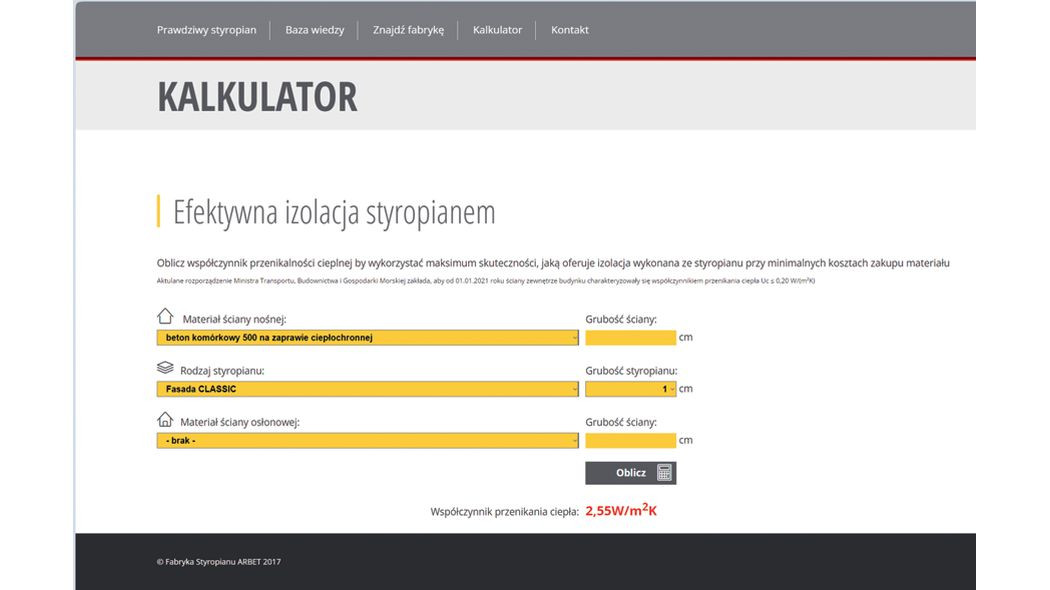Kalkulator doboru styropianu od ARBET