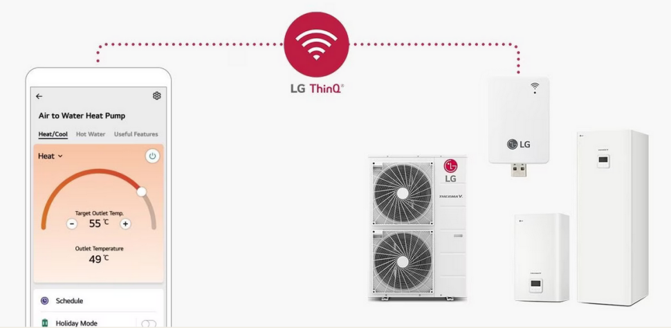 Aplikacja LG ThinQ umożliwia wygodne sterowanie temperaturą i monitorowanie zużycia energii w czasie rzeczywistym, optymalizując ogólną efektywność energetyczną domu