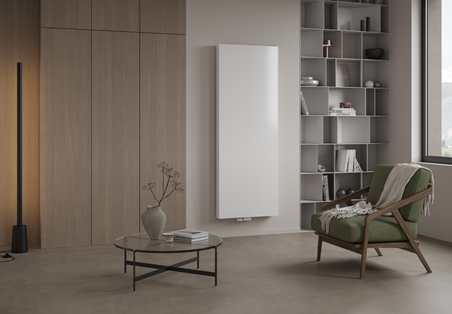 Tinos V - grzejnik dekoracyjny, w którym ozdobny panel czołowy wraz z osłonami bocznymi tworzy jeden element