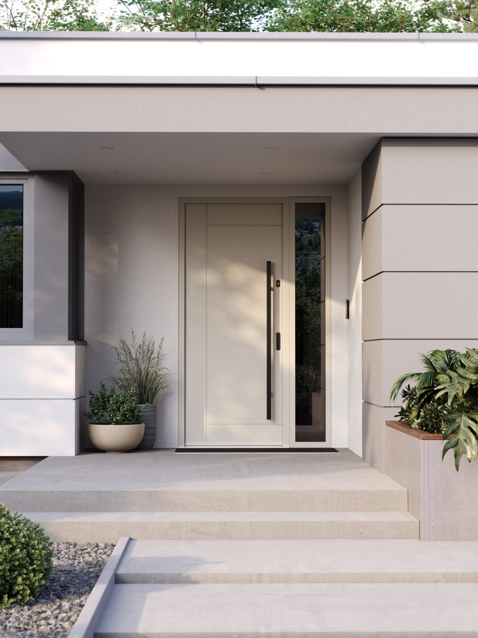 Drzwi zewnętrzne PORTA THERMO L.6 w kolorze Beżowo Szary RAL 7044, wyposażone w czarną antabę oraz czytnik biometryczny ekey dla wygodnego i bezpiecznego dostępu.