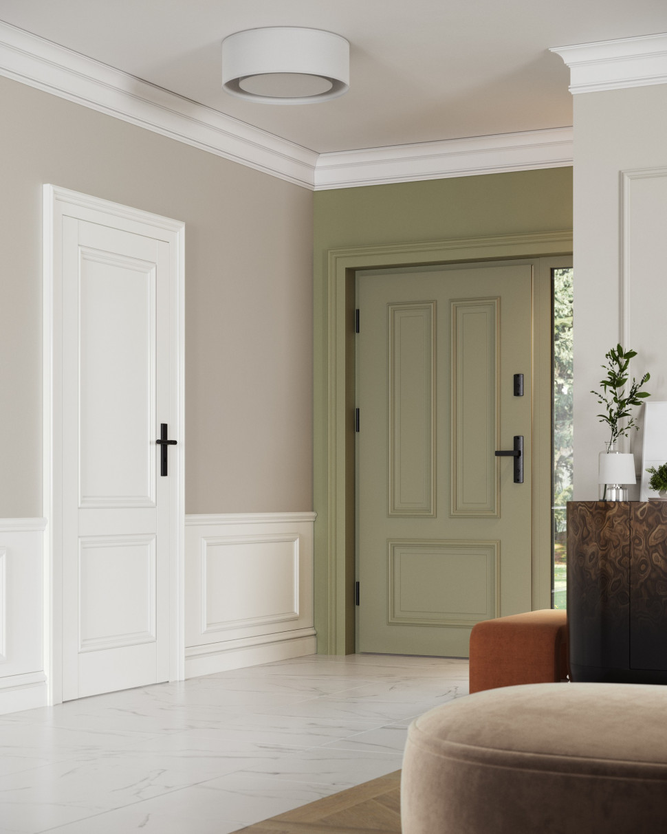 Drzwi zewnętrzne PORTA THERMO R.3 w kolorze Oliwkowy Szary RAL 7033, wyposażone w szyld i stylową klamkę Apollo w kolorze srebrnym. 