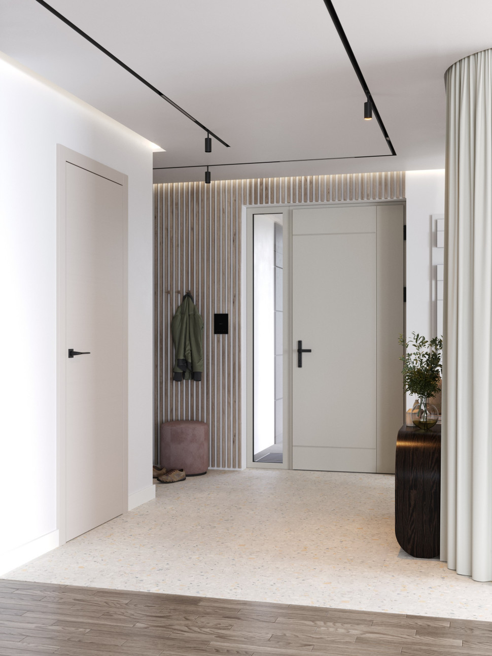 Drzwi zewnętrzne PORTA THERMO L.6 w kolorze Beżowo Szary RAL 7044 wykończone lakierem UV Premium Plus w odcieniu Kaszmir, co podkreśla ich elegancki i nowoczesny charakter. 