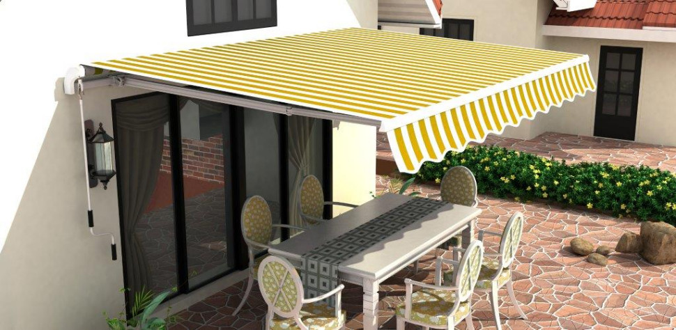 Markiza tarasowa z napędem ręcznym. Służy do ochrony przed słońcem i upałami. 