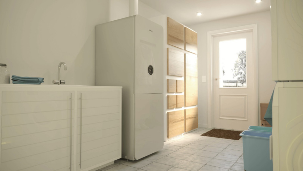 Kocioł Condens 5300i WM ze zintegrowanym zasobnikiem c.w.u. Całość zamknięto w niewielkiej obudowie o ciekawym wzornictwie.