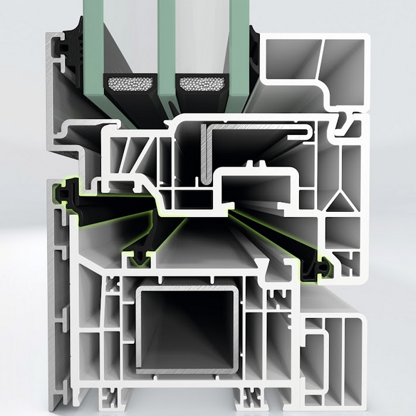 Przekrój przez hybrydowy profil Schüco Symbiotic z trzema uszczelnieniami