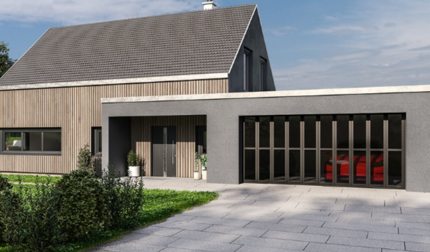 Wśród dostępnych w jesiennej promocji bram garażowych są wykonane z profili aluminiowych modele segmentowe ART 42, ART 42 Thermo, ART 42 Vitraplan oraz widoczna na zdjęciu brama boczna HART 42