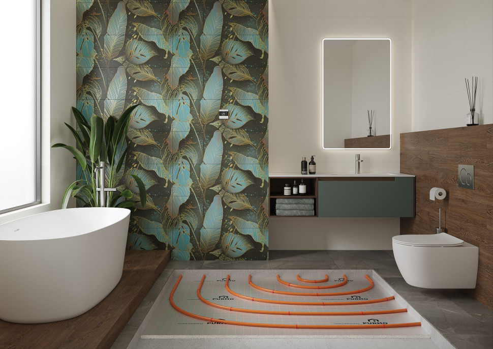 Wodne ogrzewanie podłogowe w łazience - widok na rury