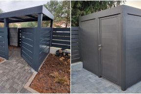 Jak ukryć kosze przy domu? Wiata może wyglądać jak część ogrodu