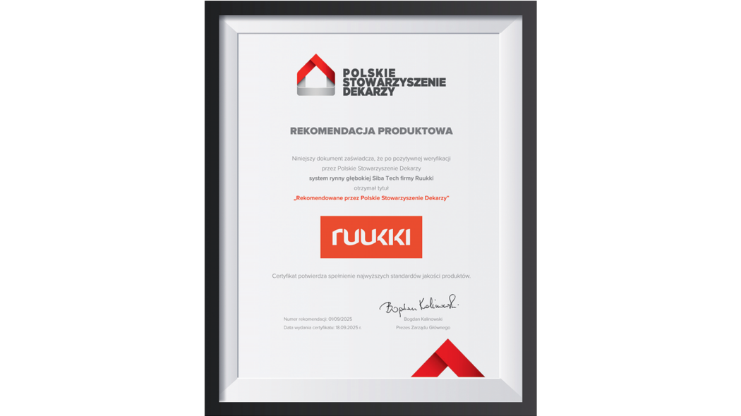 Rekomendacja Polskiego Stowarzyszenia Dekarzy dla systemu rynny głębokiej Siba Tech