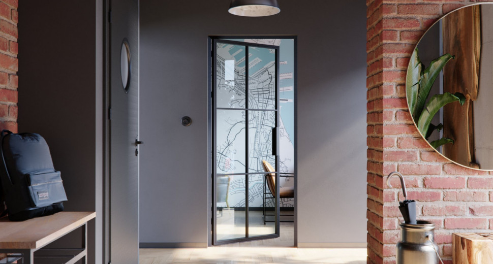 Drzwi PORTA LOFT STALOWE idealnie pasują do wnętrz loftowych i industrialnych. Świetnie doświetlą też kuchnię lub gabinet, nadając całej przestrzeni oryginalnego charakteru