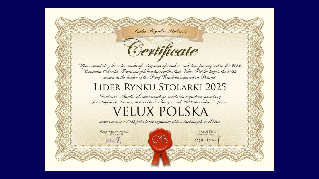VELUX Polska ponownie z tytułem "Lider Rynku Stolarki"