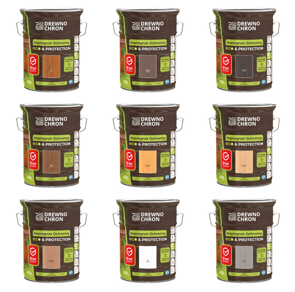 Drewnochron Impregnat Eco&Protection - dostępne kolory: TIK, PALISANDER ŚREDNI, PALISANDER, ORZECH, DĄB ZŁOTY, DĄB JASNY, DĄB CIEMNY, POPIEL, BIAŁY