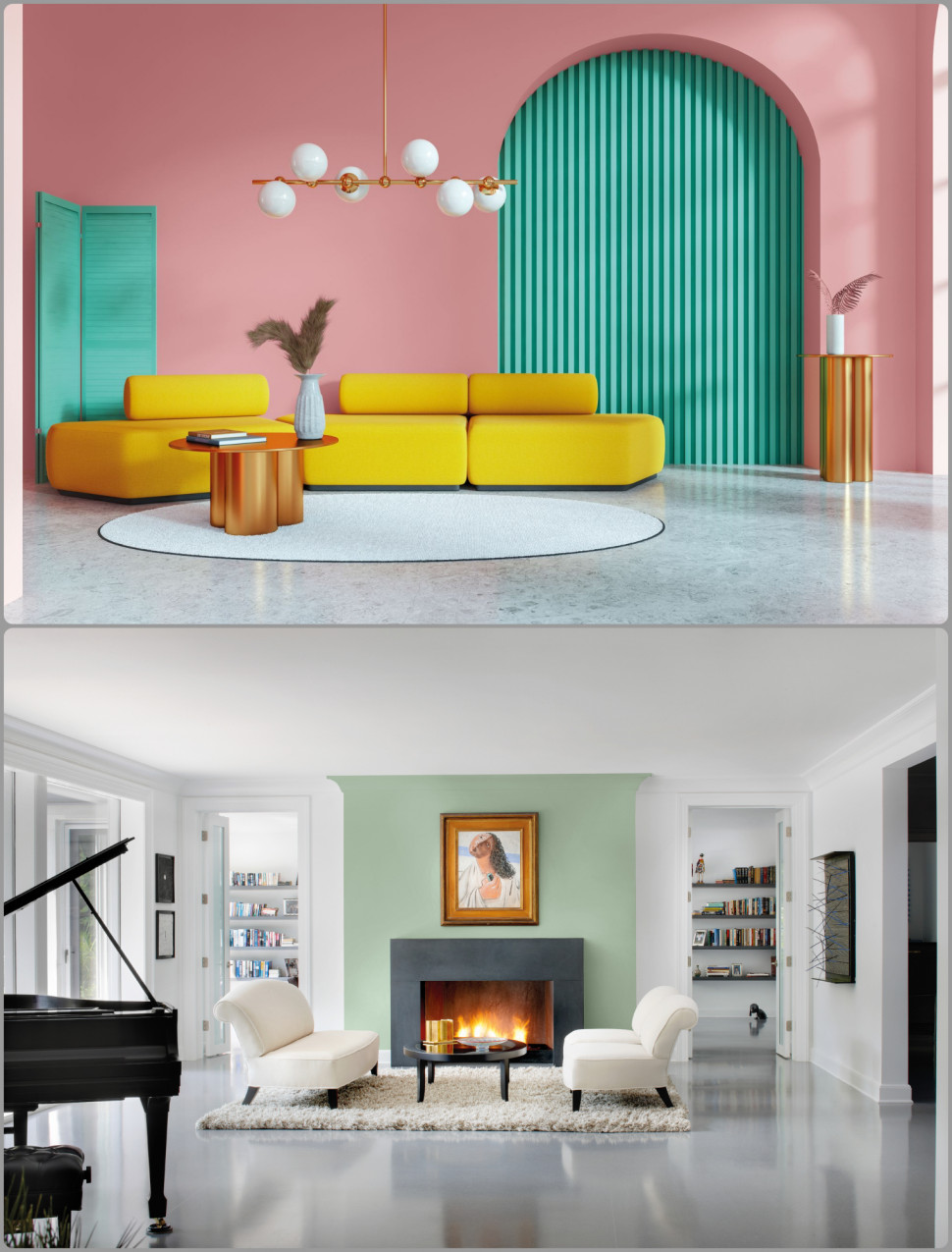 Ściany salonu w kolorze Dolce Vita i ściana z kominkiem w kolorze Sage z palety Beckers Designer Colour