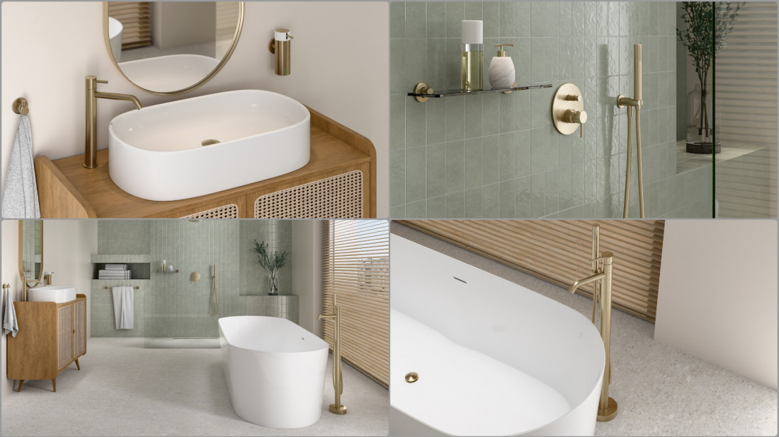 Łazienka w ciepłych barwach i szczotkowane złoto na armaturze FERRO CIRICULUS