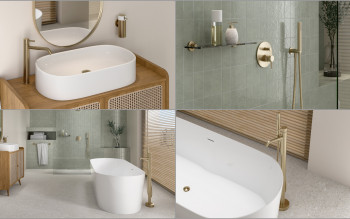 Łazienka w ciepłych barwach i szczotkowane złoto na armaturze FERRO CIRICULUS