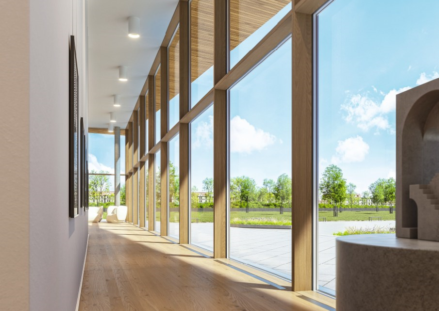 Konstrukcje hybrydowe łączące drewno i aluminium o obniżonym śladzie węglowym, jak fasada AOC 75 TI,  to idealna propozycja dla przyszłościowej architektury. Fot. Schüco