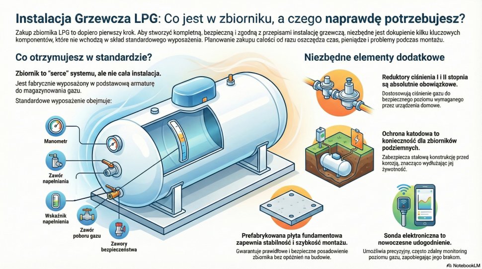 Infografika: Czego nie może zabraknąć w domowej instalacji LPG? Kluczowe elementy do zamówienia wraz ze zbiornikiem (fot. wygenerowana przez AI)
