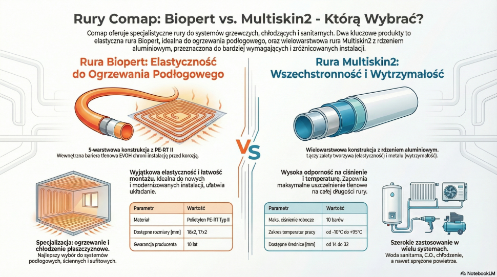 Infografika: rury do ogrzewania podłogowego z oferty COMAP - porównanie produktów (fot. NotebookLM)
