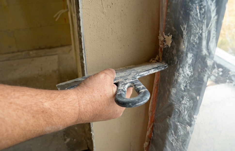 Wyrównywanie tynku za pomocą długiej szpachli