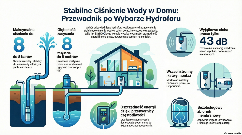Infografika: Jak dobrać odpowiedni hydrofor, aby zapewnić odpowiednie ciśnienie wody w domu? (fot. NotebookLM)