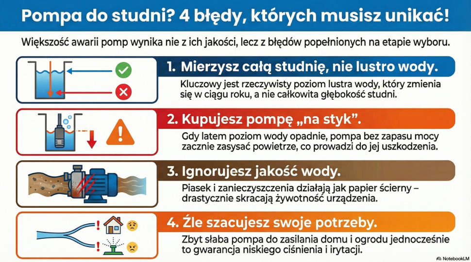 Infografika: Najczęściej popełniane błędy przy doborze pompy do studni kręgowej (fot. NotebookLM)