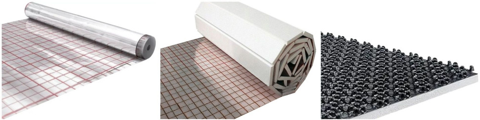 Folia aluminiowa z rastrem do ogrzewania podłogowego (F50), mata styropianowa z folią aluminiową do ogrzewania podłogowego (FS30) i mata styropianowa grzybkowa (PTS30)