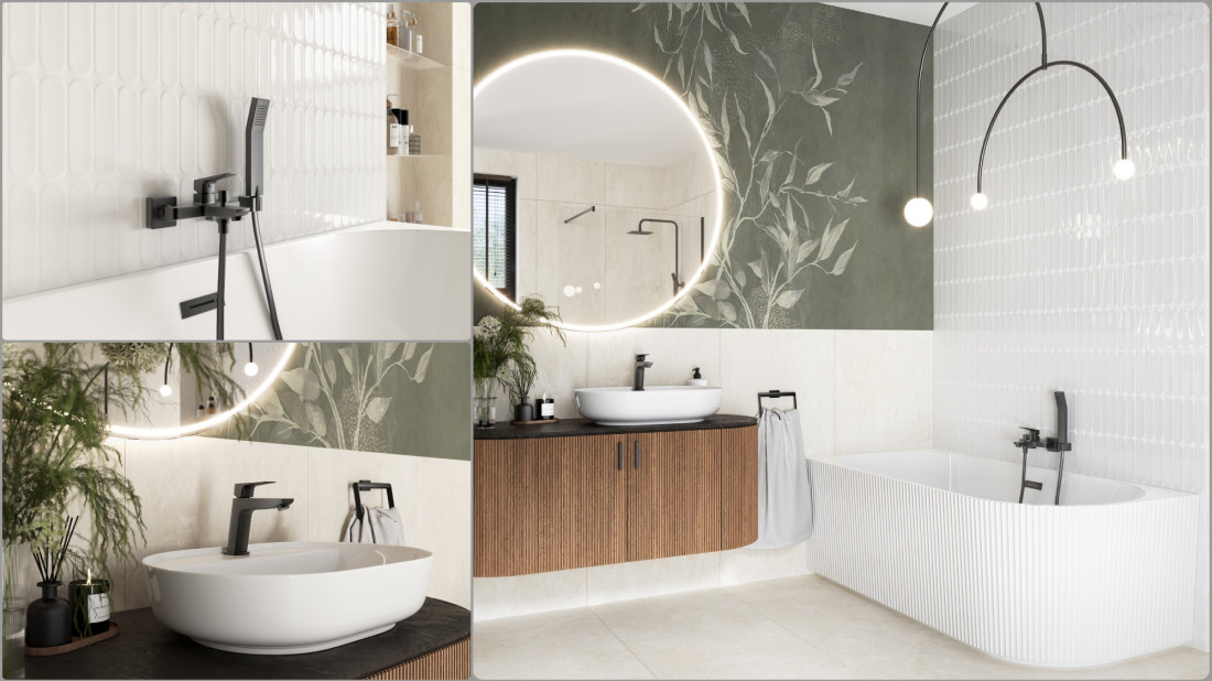 Pastelowa łazienka z armaturą gun metal - subtelny efekt premium