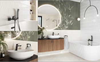 Pastelowa łazienka z armaturą gun metal - subtelny efekt premium