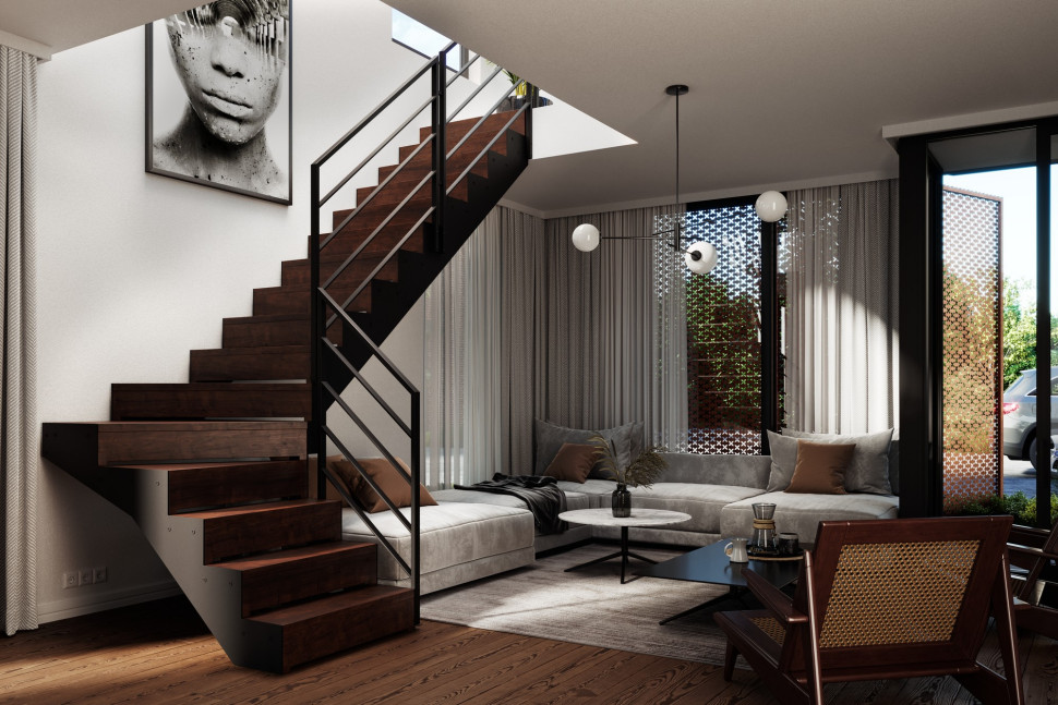 Schody Stolo Design z metalową konstrukcją i balustradą Weld Flat. Drewniane stopnie z podstopniami w stylu dywanowym tworzą elegancką, nowoczesną formę idealną do wnętrz premium. 