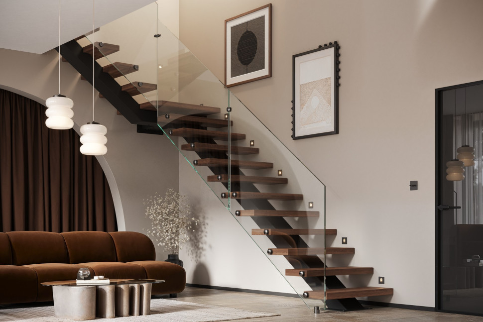 Schody Reve ze szklaną balustradą. Mocna metalowa konstrukcja i grube drewniane stopnie tworzą nowoczesną, solidną i elegancką formę idealną do każdego wnętrza. 