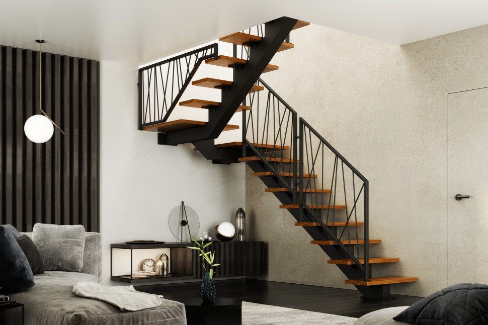 Schody Tala – smukła metalowa konstrukcja, drewniane stopnie i balustrada Weld Obliq. Nowoczesne, lekkie i eleganckie schody o precyzyjnym wykończeniu, idealne do designerskich wnętrz. 
