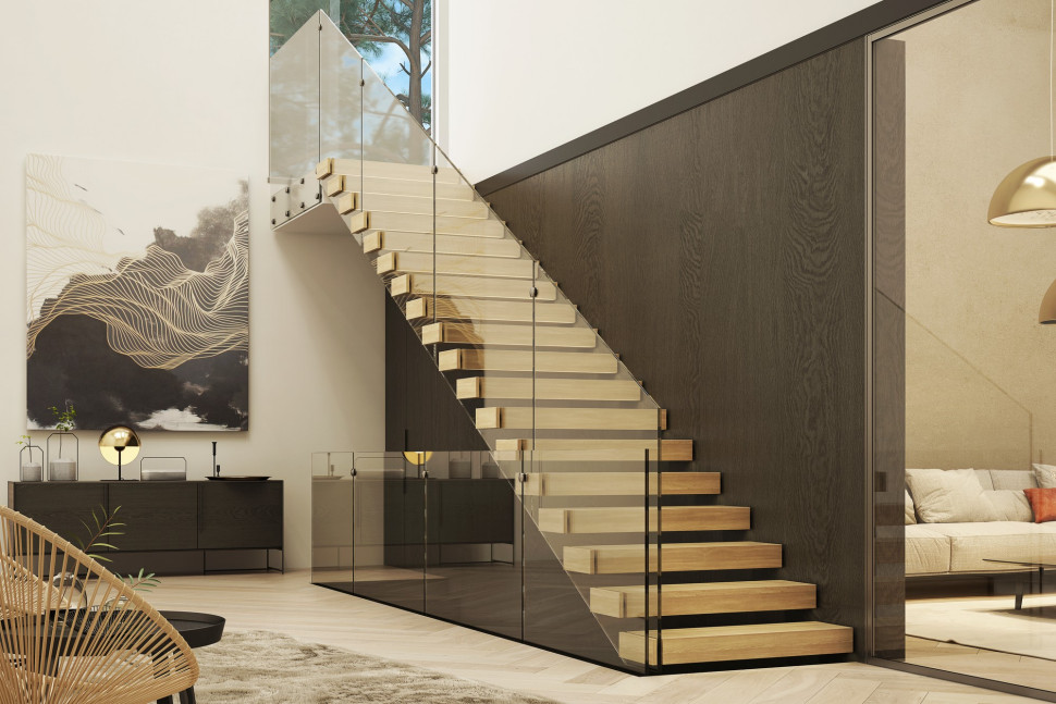 Schody półkowe Teno ze szklaną balustradą. Grube drewniane stopnie na solidnej konstrukcji tworzą nowoczesną, lekką i elegancką formę, idealną do designerskich wnętrz. 