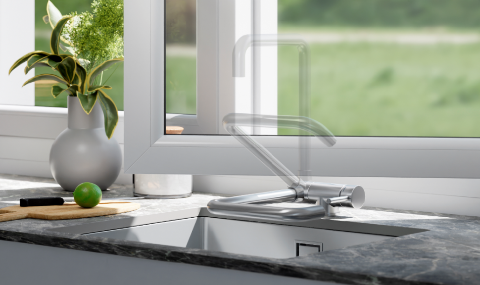 Bateria podokienna Theta II ze składaną wylewką jest idealna do mniejszych kuchni