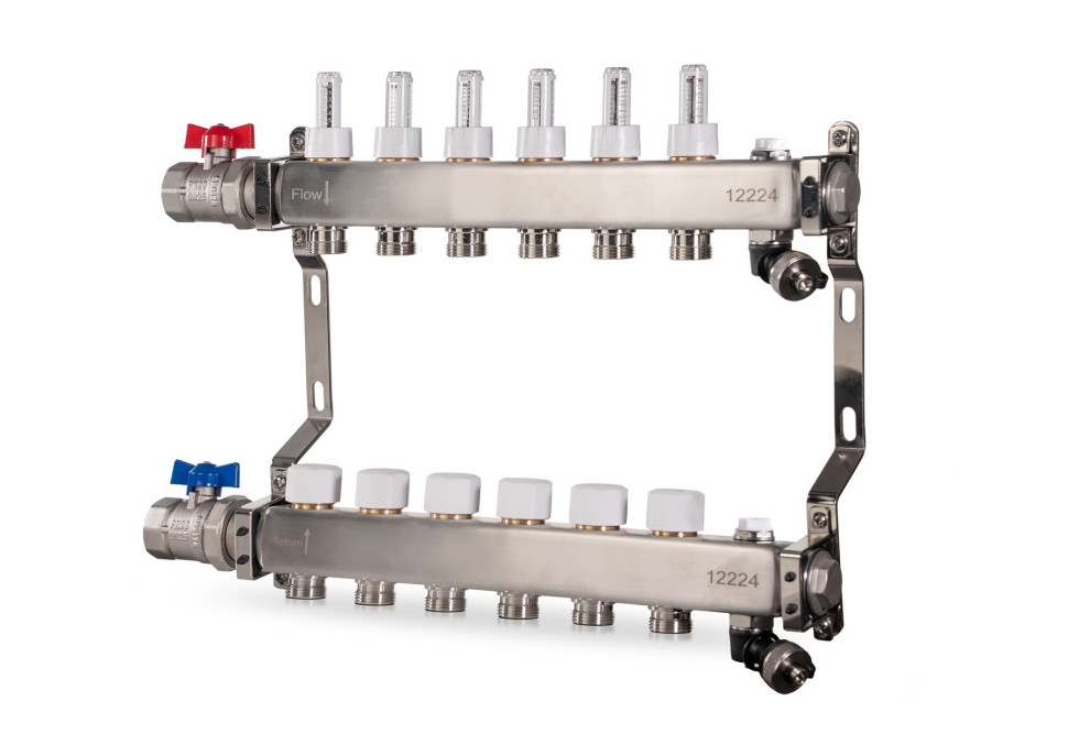 Rozdzielacz do ogrzewania podłogowego ze stali nierdzewnej Reliance Valves z zaworami kulowymi i zintegrowanym ręcznym/automatycznym odpowietrznikiem