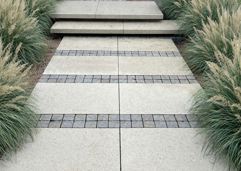 Gładkie wielkoformatowe płyty coraz częściej łączone są z nieregularnymi kostkami betonowymi o charakterze granitu