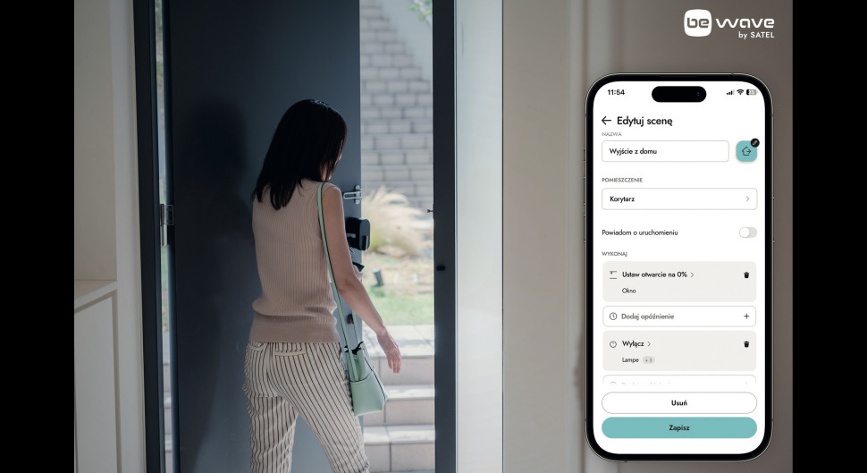 Scena „Wyjście z domu” w systemie BE WAVE pozwala na jednoczesne wykonanie kilku działań: np. wygaszenie wszystkich świateł, domknięcie okien z siłownikami, opuszczenie rolet, obniżenie temperatury, wyłączenie niepotrzebnych urządzeń elektrycznych oraz uruchomienie czuwania systemu.
