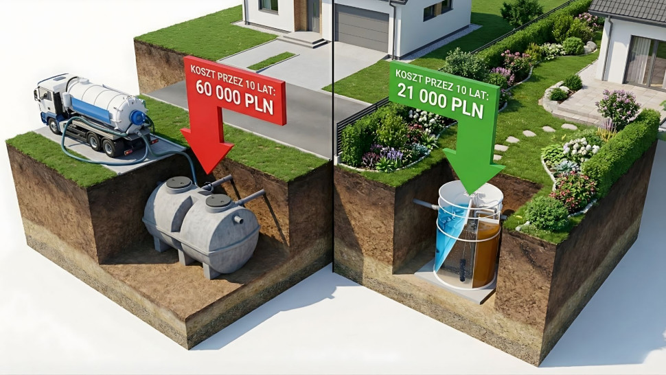 Porównanie rozwiązań bez kanalizacji po lewej szambo z koniecznością cyklicznych wywozów, po prawej przydomowa oczyszczalnia ścieków. Zestawienie orientacyjnych kosztów w okresie 10 lat.